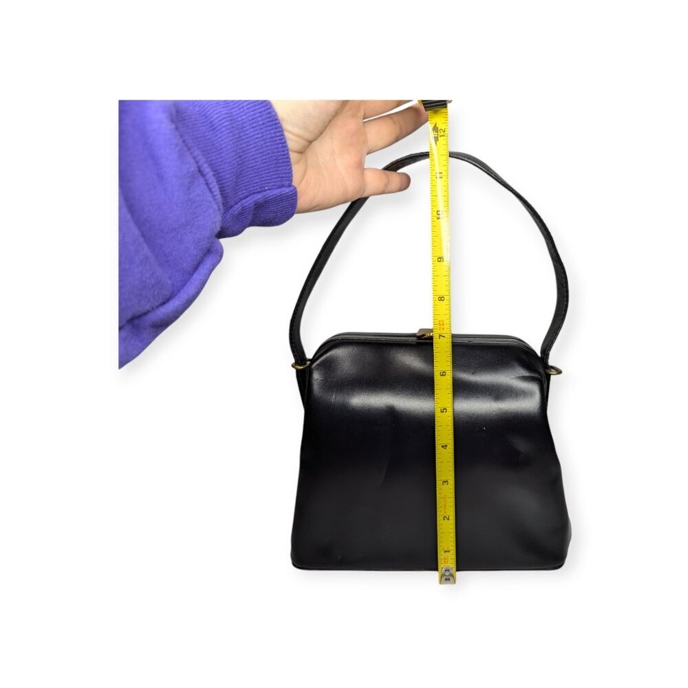 Vintage Leather Black Handbag with Gold Tone Metal Clasp Closure Leather Lined - Picture 15 of 16